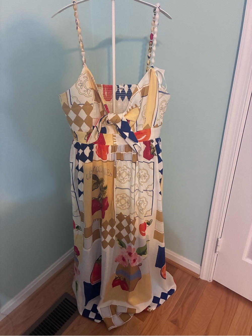 Caroline Constas Red Blue Tie Front Floral, Mosaic and Cherries Italy Maxi Dress